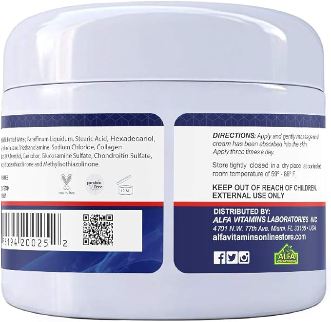 ALFA VITAMINS Alflexil Glucosamine Plus Chondroitin Cream with MSM & Collagen, Supports Healthy Joints, Joint & Muscle Pain Relief, Improves Mobility, Fast Absorption, and Moisturizes Skin, 4 Oz.
