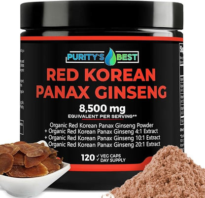 Purity’s Best RED Korean PANAX Ginseng Powder + 4X + 10x + 20x Extract, 8,500mg Eq. Per Serving, 5% Ginsenosides!, High Potency Ginsenosides for Energy, Concentration & Immune Support, 120 Capsules