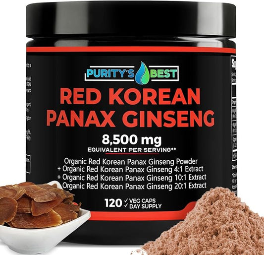 Purity’s Best RED Korean PANAX Ginseng Powder + 4X + 10x + 20x Extract, 8,500mg Eq. Per Serving, 5% Ginsenosides!, High Potency Ginsenosides for Energy, Concentration & Immune Support, 120 Capsules