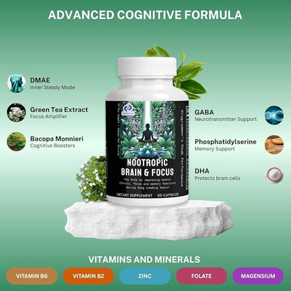 Nootropic Brain Supplements for Memory & Focus with GABA, Green Tea Extract, Bacopa monnieri, DMAE, Phosphatidylserine | Supports Mental Clarity & Cognitive Function | Vitamin B6 - 60 Capsules