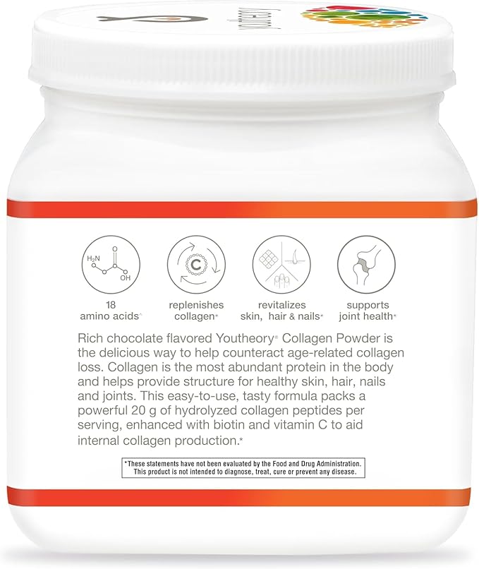 Youtheory Collagen Powder - Premium Collagen Supplement with Vitamin C & Biotin - For Healthy Hair, Skin, Nails & Joints - Hydrolyzed & Highly Absorbable - Dairy, Soy & Gluten Free - Chocolate - 20 oz
