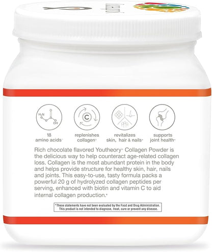 Youtheory Collagen Powder - Premium Collagen Supplement with Vitamin C & Biotin - For Healthy Hair, Skin, Nails & Joints - Hydrolyzed & Highly Absorbable - Dairy, Soy & Gluten Free - Chocolate - 20 oz