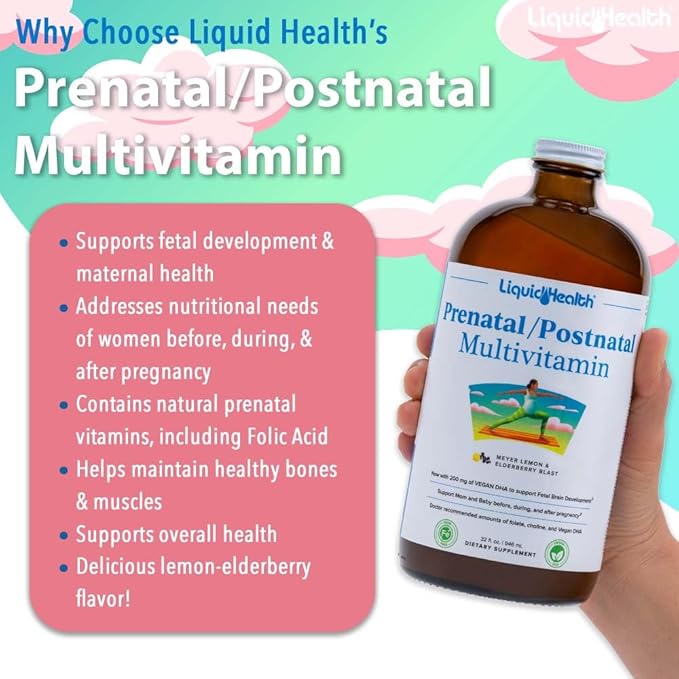 LIQUIDHEALTH Prenatal/Postnatal Multiple Liquid Women's Multivitamin with Real Folate - Pre & Postnatal Vitamins for Before, During, After Pregnancy - Made in USA, Vegan, Sugar-Free, Non-GMO (32 oz)
