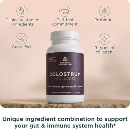 Ancient Nutrition Colostrum Superfood + Collagen, Grass Fed Bovine Colostrum, Fermented Eggshell Membrane Collagen, Supports Healthy Gut Microbiome and Immune System, 75 Count