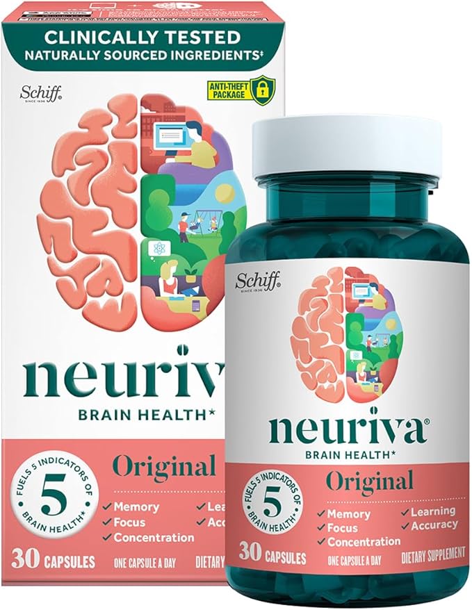 NEURIVA Original Brain Supplement for Memory, Focus & Concentration + Learning & Accuracy with Clinically Tested Nootropics Phosphatidylserine and Neurofactor, Caffeine Free, 30 Capsules (3 Pack)