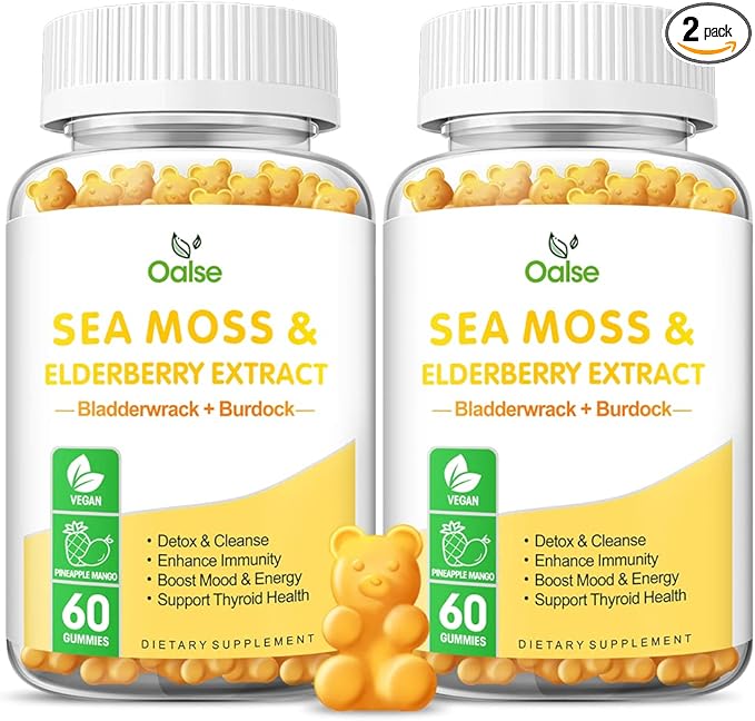 Sea Moss Gummies for Adults and Kids, 2000mg Raw Seamoss, Bladderwrack, Burdock Root, Elderberry, Pepper, Vitamin C & D3, Zinc Supports Immune System & Boost Energy (2-Pack)