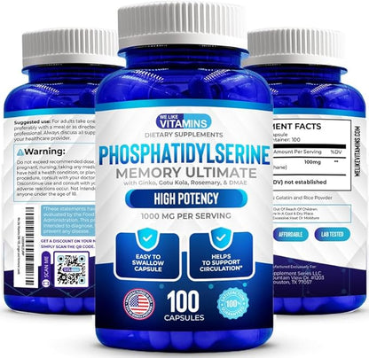 We Like Vitamins Phosphatidylserine Supplement with Gingko Biloba, Gotu Kola, DMAE - Improves Focus, Memory, Cognitive Function - Soy-Free 1000mg Memory Ultimate Complex - 100 Easy-to-Swallow Capsules