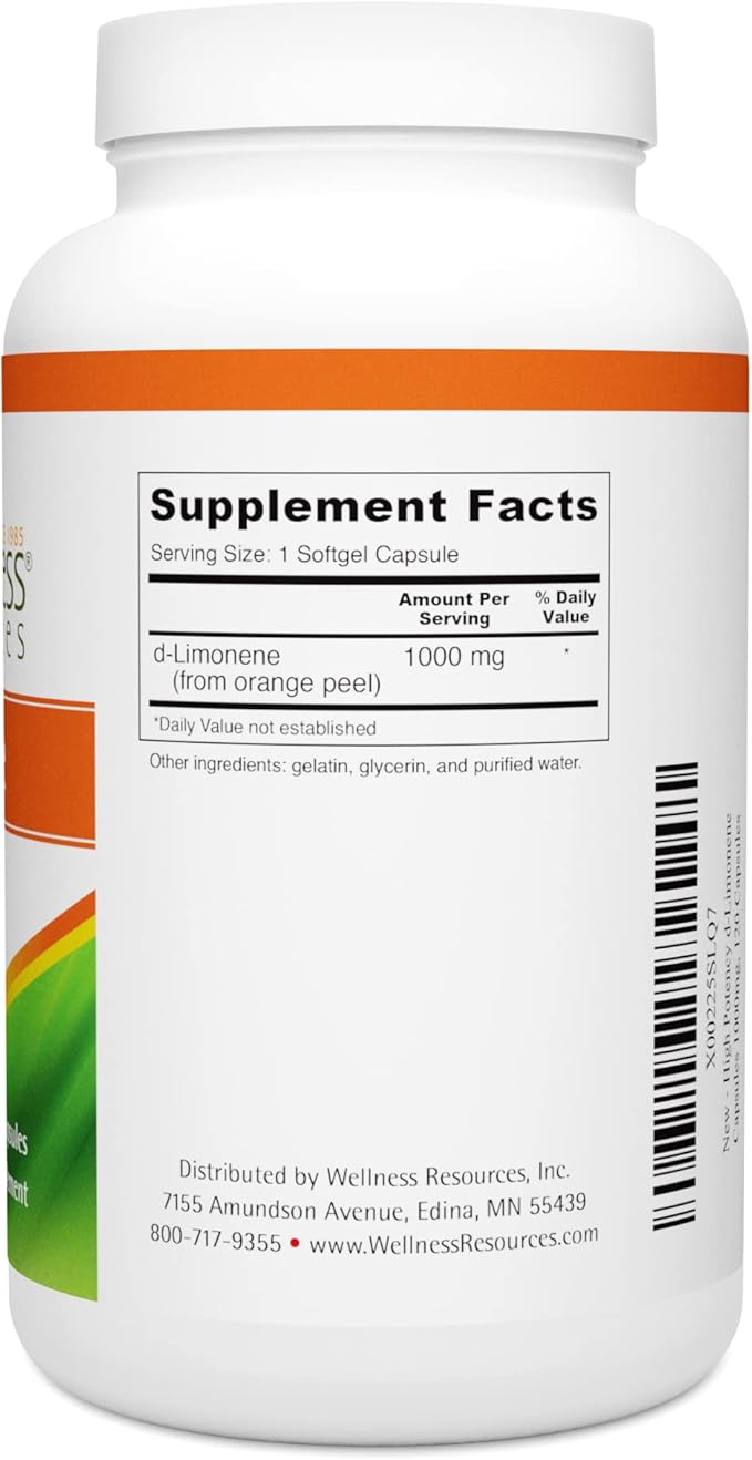 Wellness Resources High Potency d-Limonene Capsules 1000mg, 120 Capsules - Orange Peel Extract for Digestive Health, Heartburn, Acid Reflux, Detoxification