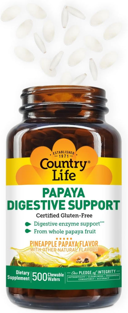 Country Life Chewable Papaya Enzymes for Digestion Support - Natural Pineapple & Papaya Flavor, Assists with Nutrient Absorption, Contains Papain & Protease - 200 and 500 Wafers Available