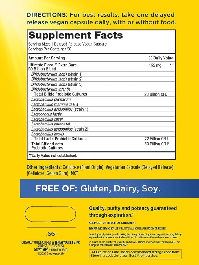 Ultimate Flora Probiotics 50 Billion CFU Delayed Release Vegan Capsules | Extra Care | Digestive Health | Immune Health | Dairy Free | 90 Count
