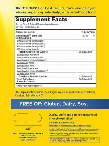 Ultimate Flora Probiotics 50 Billion CFU Delayed Release Vegan Capsules | Extra Care | Digestive Health | Immune Health | Dairy Free | 90 Count
