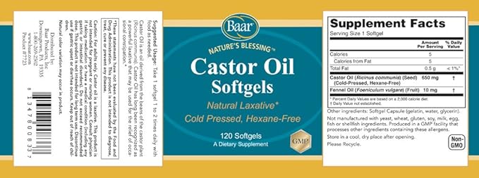 Baar Castor Oil Softgels Natural Laxative with Fennel Oil