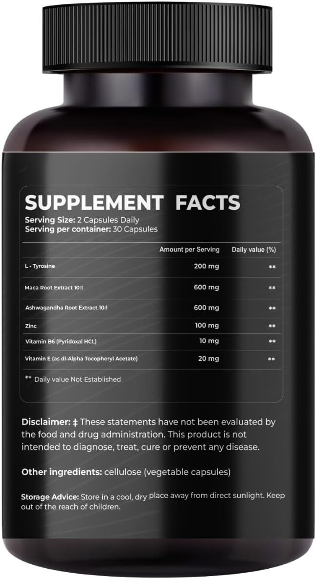 Nutraceuticals L-Tyrosine with Maca Root, Ashwagandha, Vitamins Complex, 60 Capsules, 30 Servings
