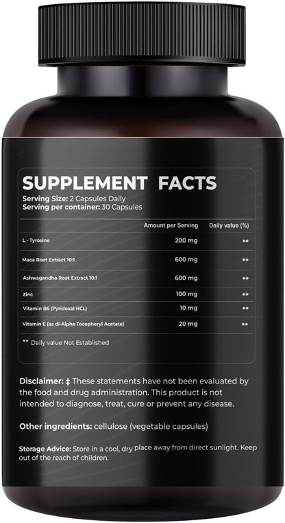 Nutraceuticals L-Tyrosine with Maca Root, Ashwagandha, Vitamins Complex, 60 Capsules, 30 Servings