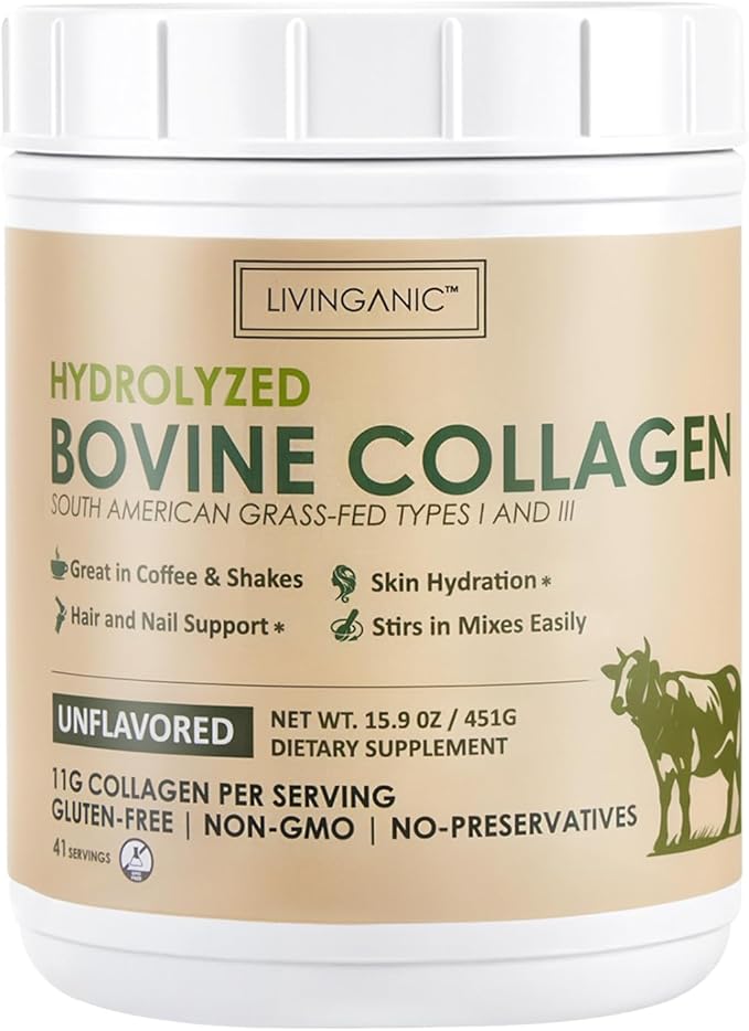 Collagen Peptides Powder Unflavored 15.9oz, Hydrolyzed Bovine Collagen 41 Servings Types I & III, Grass-Fed, Pasture-Raised Protein, Zero Sugar Supplement