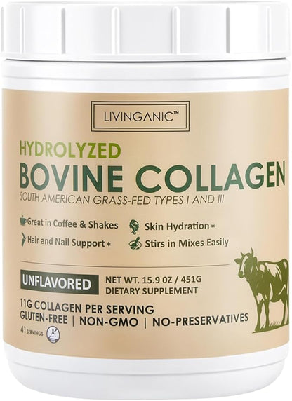 Collagen Peptides Powder Unflavored 15.9oz, Hydrolyzed Bovine Collagen 41 Servings Types I & III, Grass-Fed, Pasture-Raised Protein, Zero Sugar Supplement