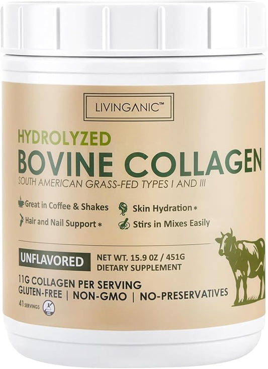 Collagen Peptides Powder Unflavored 15.9oz, Hydrolyzed Bovine Collagen 41 Servings Types I & III, Grass-Fed, Pasture-Raised Protein, Zero Sugar Supplement