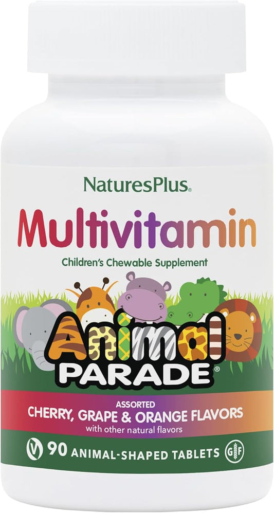 Natures Plus Animal Parade Children's Chewable Multivitamin - 90 Animal-Shaped Tablets - Natural Assorted Flavors - Vegetarian, Gluten Free - 45 Servings