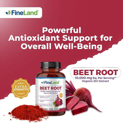 FineLand Beet Root 20x Full Spectrum – 10,000mg Equivalent per Capsule – Nitric Oxide, Blood Pressure Support - Circulation & Heart Health – 120 Vegan Capsules Made in USA