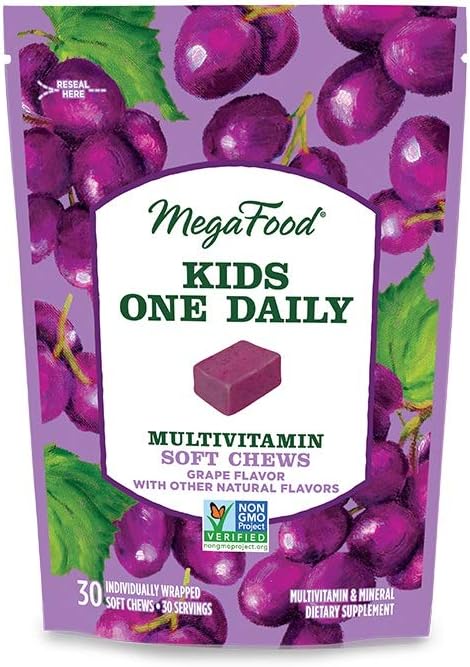MegaFood Kids One Daily Multivitamin Soft Chews - Kids Vitamins with Vitamin B, Vitamin C, Vitamin D & Vitamin E - Age 4+, Vegetarian, Made Without 9 Food Allergens - Grape Flavor - 30 Chews