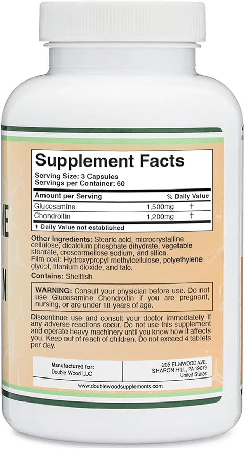 Glucosamine Chondroitin Triple Strength (1,500mg Glucosamine Sulfate, 1,200mg Chondroitin) 180 Tablets, Two Month Supply (Joint Support Supplement) Gluten Free, Non-GMO by Double Wood