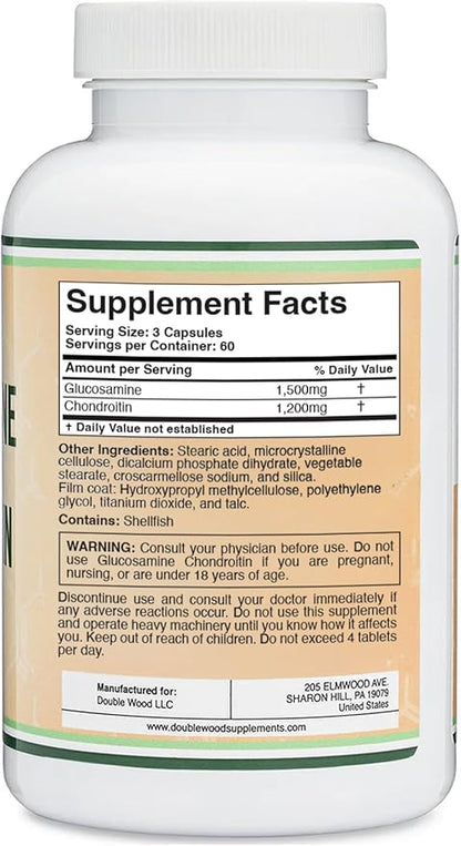 Glucosamine Chondroitin Triple Strength (1,500mg Glucosamine Sulfate, 1,200mg Chondroitin) 180 Tablets, Two Month Supply (Joint Support Supplement) Gluten Free, Non-GMO by Double Wood