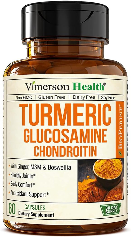 Turmeric Supplement with Glucosamine Chondroitin. Joint Supplements for Women & Men with Ginger, Boswellia, MSM & Tumeric Curcumin with Black Pepper (Bioperine). Aids Immune & Joint Support. 60 Caps