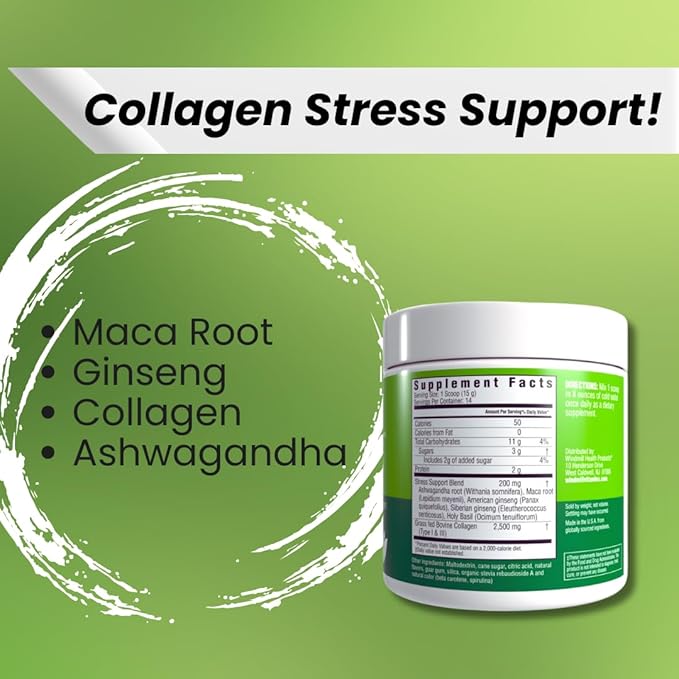 Windmill Natural Vitamins Collagen Support with Ashwagandha, Maca Root, Ginseng & Holy Basil, Supports Hair, Skin and Nails, Type I & III Grass Fed Collagen, Lemon Lime Flavor