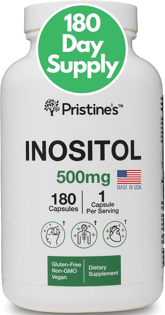 PRISTINE'S Myo Inositol PCOS Supplement Capsules - 500mg 180 Day Supply - Healthy Hormonal, Ovarian & Fertility Support Supplements - Vegan, Gluten Free, Non GMO