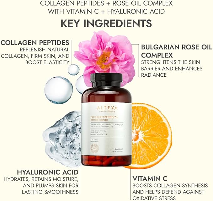 Alteya Organics Collagen Peptides and Rose Oil Complex Dietary Supplement with Marine Hydrolized Collagen Type I & III and Vitamin C + Hyaluronic Acid