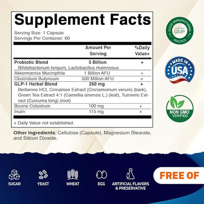 Vitamatic GLP-1 Support Supplement for Men & Women 60 Capsules - Made with Akkermansia, Probiotics, Prebiotic, Clostridium, Berberine, Cinnamon, Green Tea, Turmeric & Colostrum