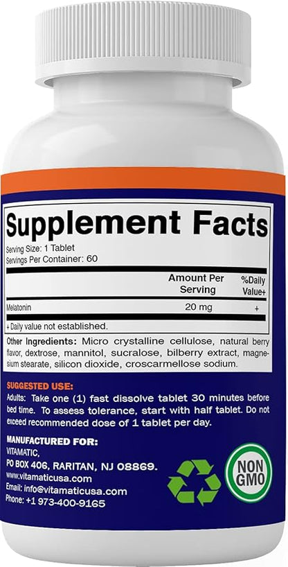 2-Pack High Potency Melatonin 20 mg – 60 Fast Dissolve Tablets Total Fast-Acting Sleep Support – Natural Berry Flavor | Vegetarian