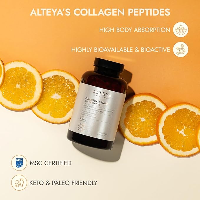 Alteya Organics Collagen Peptides and Rose Oil Complex Dietary Supplement with Marine Hydrolized Collagen Type I & III and Vitamin C + Hyaluronic Acid