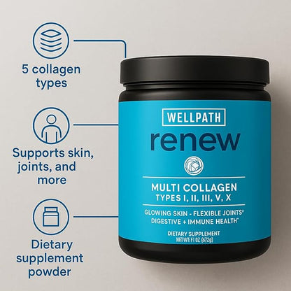 WellPath Renew Multi Collagen Protein Powder for Women | Hair, Nails, Skin | Hydrolyzed Grass-Fed Bovine, Marine, & Chicken Sources Collagen Peptides | Types I, II, III, V, X | 11 oz | 40 Servings