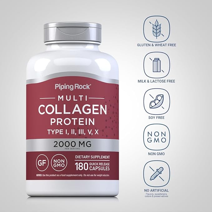 Piping Rock Multi Collagen Protein Capsules | 180 Count | 2000mg | Types I, II, III, V, X | Complex Blend | Non-GMO, Gluten Free