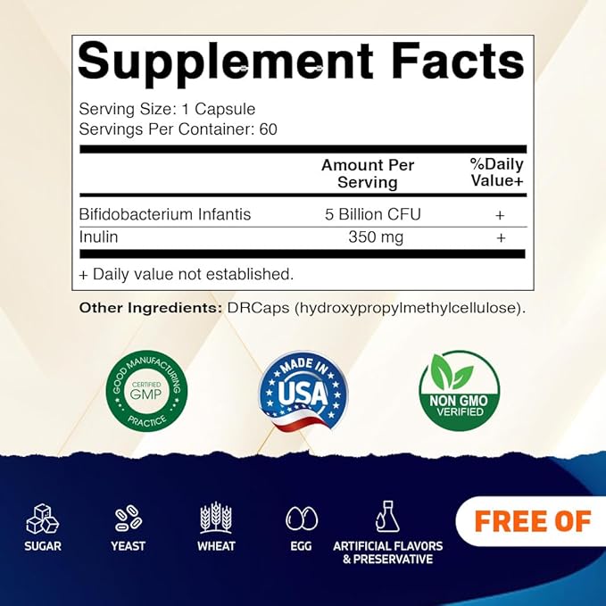 Vitamatic Bifidobacterium Infantis - 5 Billion per DR Capsule - 60 Count - Digestive Support - Made with Prebiotic Inulin Fiber