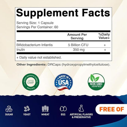 Vitamatic Bifidobacterium Infantis - 5 Billion per DR Capsule - 60 Count - Digestive Support - Made with Prebiotic Inulin Fiber