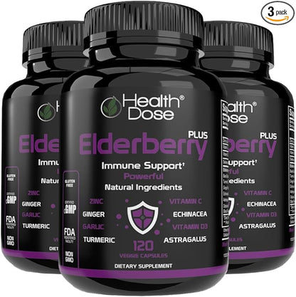 Elderberry Plus Capsules – Immune Support Supplement with Vitamins C, D3, Zinc, Selenium & 11 Ingredients for Year-Round Wellness – 120 Veggie Capsules, Pack of 3.