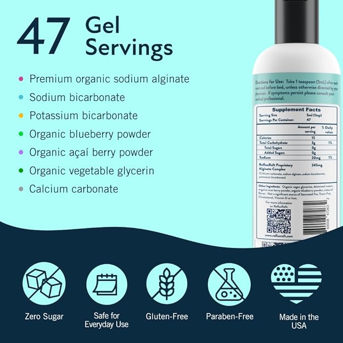 Acid Reflux Therapy with Organic Alginate, Rapid & Long Lasting Gerd, LPR & Digestion Symptom Support, Zero Sugar, Gluten Free, Low Sodium, Berry Burst Flavor, 47 Gel Servings, 8 OZ Bottle