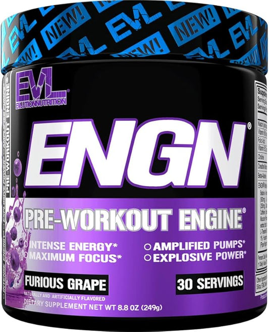Evlution EVL Intense Pre Workout with Creatine - ENGN Energizing Pre Workout for Men Powder Drink for Lasting Energy Focus and Recovery - with Beta Alanine Caffeine and L Theanine - Furious Grape