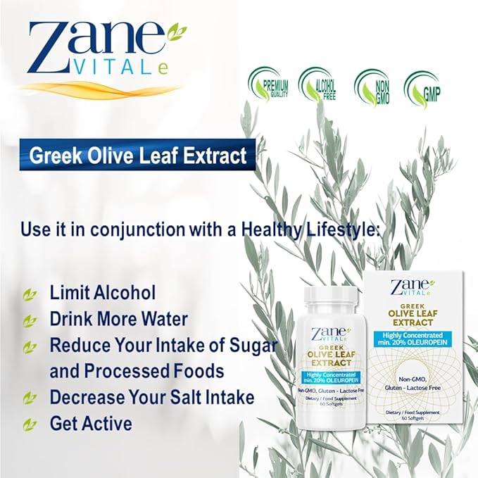 Zane Greek Olive Leaf Extract - min. 20% Oleuropein - Provides Immune and Healthy Blood Pressure Support, Promotes Cardiovascular System Health - 60 Capsules Non-GMO, Gluten - Lactose – Paraben Free