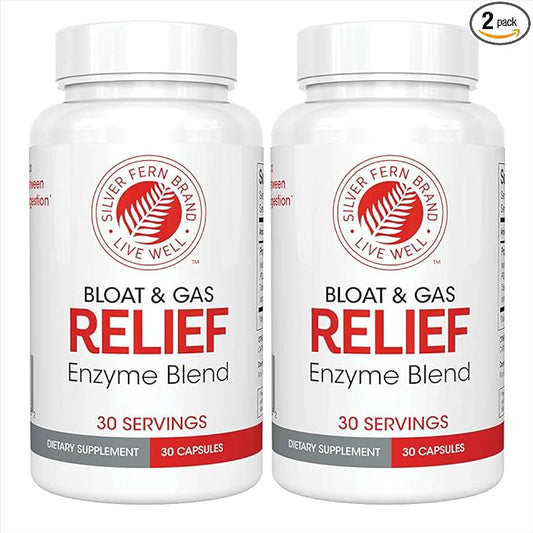 Silver Fern Bloat & Gas Relief Digestive Enzyme Blend - 2 Bottles = 60 Servings - FODMAP & Bloating Digestion Supplement with Tolerase L, Pectinase & More (2 Bottles)