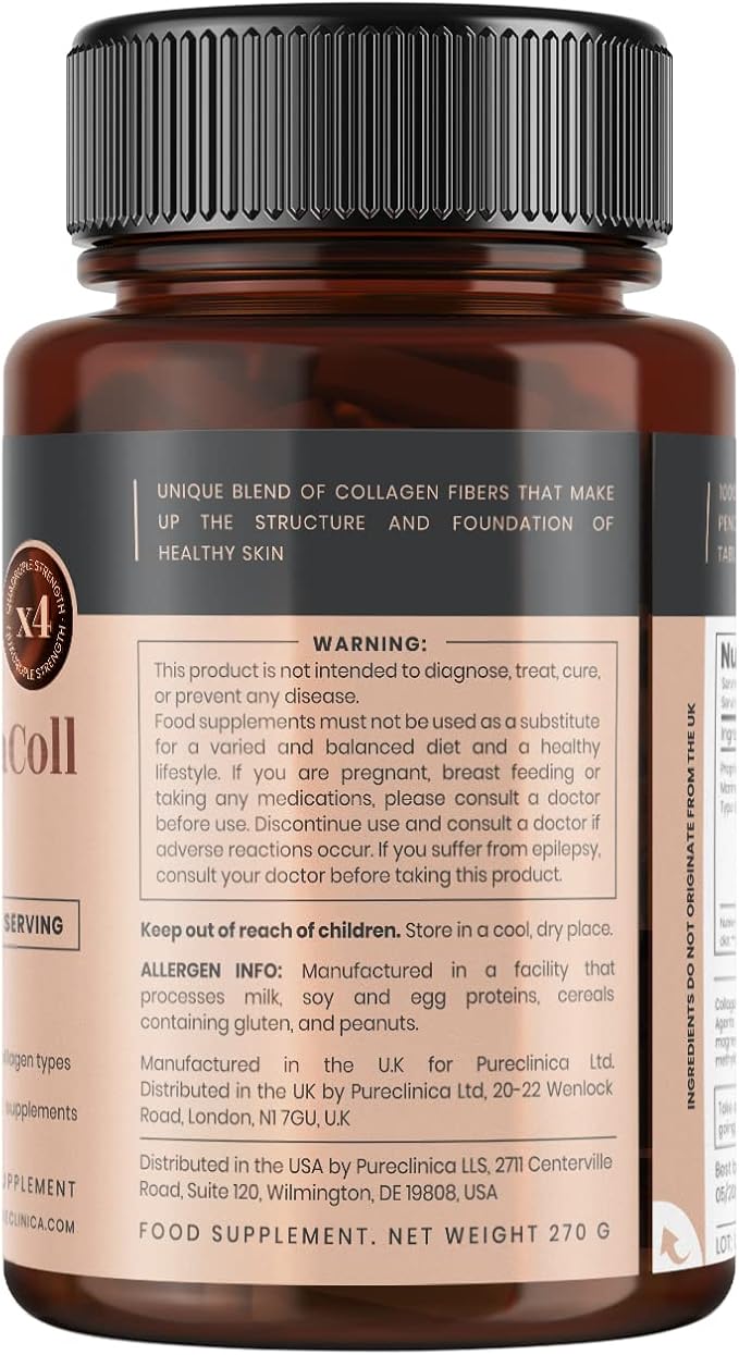 pureclinica UltraColl Marine Collagen 1000mg x 1080 Tablets (6 Bottles of 180 Tablets - 18 Months Supply). The only Patented Anti-Aging Collagen Types I, II, III, and VII.