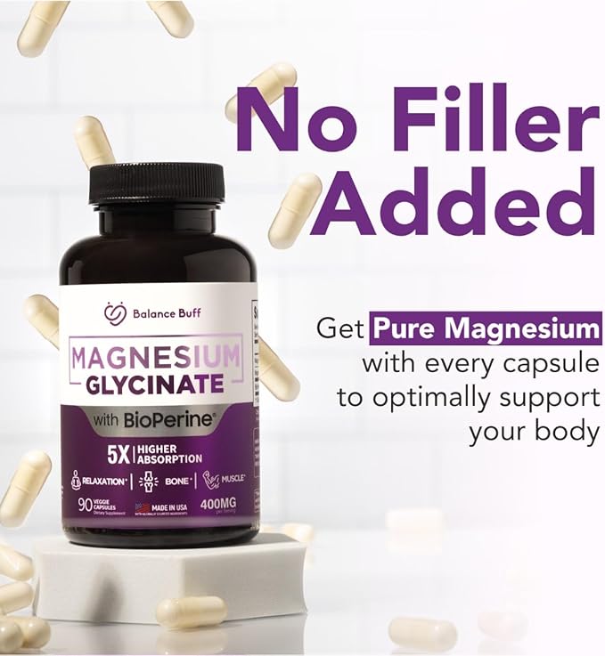 Magnesium Glycinate 400mg - 5X Higher Absorption - Support Stress Relief, Sleep, Bone Health - 100% Chelated - Pure Magnesium Supplement - 90 Veggie Capsules
