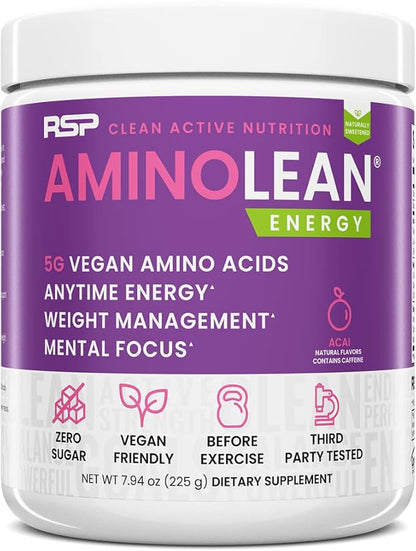 RSP NUTRITION AminoLean Natural Pre Workout Powder, Sucralose Free Amino Energy with No Artificial Dyes, Vegan BCAAs and Weight Management, Acai, 25 Serv