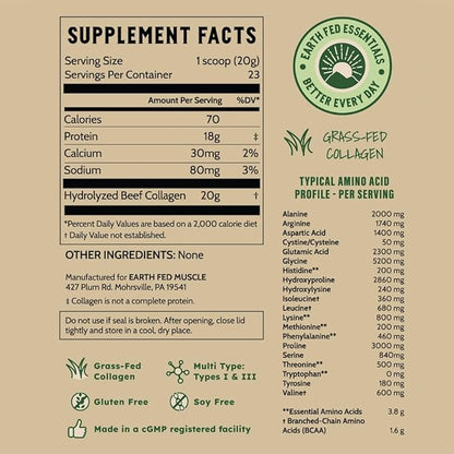 Earth Fed Muscle Unflavored Collagen Peptides Powder - 20g Protein Per Serving - Supports Hair, Skin, Nails, Joints & Recovery - Sugar-Free, Soy-Free, Gluten-Free, Paleo & Keto Friendly