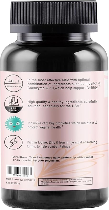 AGNOSITOL Prenatal Vitamin, Vaginal Probiotic with SMART Bacteria, Fertility, Ovulation & PCOS Support, Hormone Balance & Vaginal Health Supplement. Inositol 40:1, Folic Acid, Vitamins D3 B6/1