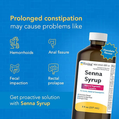 Rising Health Natural Vegetable Laxative - Senna Sennosides Syrup 8.8mg/5ml - Constipation Relief - Chocolate Flavor - Compared to Senokot® Syrup