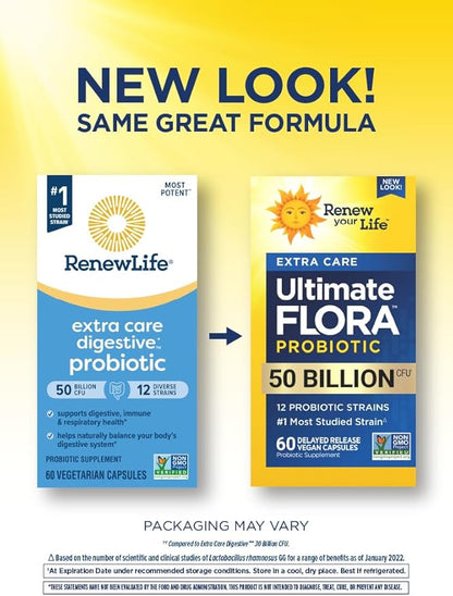 Ultimate Flora Probiotics 50 Billion CFU Delayed Release Vegan Capsules | Extra Care | Digestive Health | Immune Health | Dairy Free | 60 Count