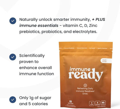 Immune Ready™ Immunity Boost Drink Mix with Vitamin C, D3, Zinc Picolinate, Inulin, Beta Glucan & Electrolytes - Delicious & Refreshing Sugar-Free Immune Booster - Peach-Mango Flavored - 15 Servings